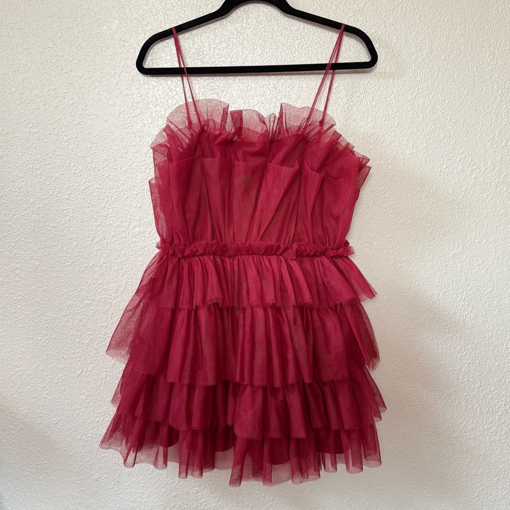 Molly Green Maroon Red Tulle Tiered Mini Dress Size Medium